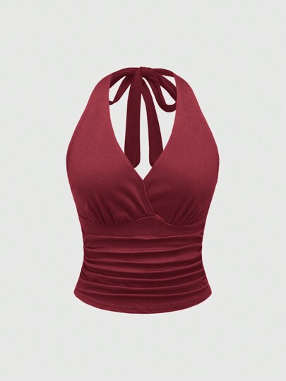 Grunge Punk Mujer Casual Camiseta de Cuello Halter unicolor con Cintura Fruncida y Espalda Descubierta