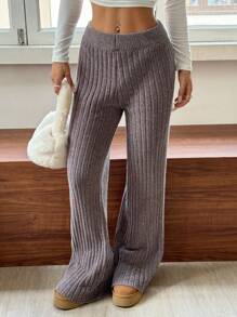 SHEIN EZwear High-Rise Flared Khaki Knit Trousers - Light Grey - View 1