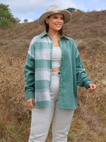 EURMUSE Plus Size Plaid Print Front Button Casual Long Sleeve Jacket - Black - View 1