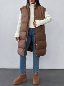 SHEIN Cottnline Simple Solid Zip Up Puffer Vest Coat For Winter, Women Clothes - Brown - View 3