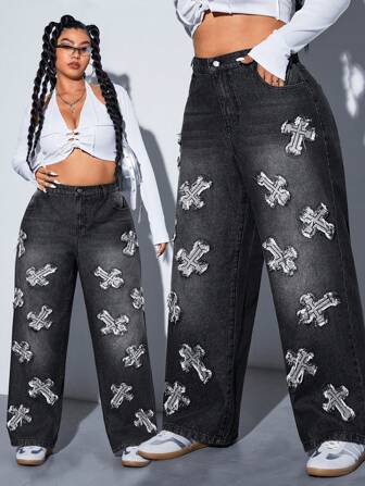SHEIN ICON Damen Jeans in Großen Größen, schwarz, gewaschen mit Stickerei