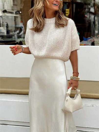 EMERY ROSE Women's Spring And Summer New Solid Color Short Sleeved Knitted Top With Round Neck Pullover, Versatile, Atmospheric, French Elegant, Comfortable, Gentle, Dating, Outdoor Sweater