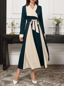 Mulvari Sukienka damska asymetryczna z długim rękawem i patchworkiem