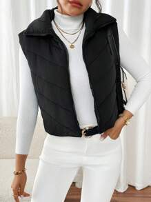 SHEIN Frenchy Vrouwen dons gewatteerde kraag mouwloze jas, winter, vrouwen mouwloze rits casual warme gewatteerde jas, winter vrouwen jas, zwarte jas, winter vrouwen kleding, zwarte jas, retro, elegante vrouwen, festival kleding, zakelijke casual vrouwen,