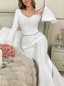 女士休闲优雅撞色饰边喇叭袖上衣和裤子家居服套装，秋季 - 白色 - 查看 5