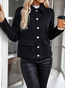 EMERY ROSE Blouse simple à manches longues avec boutons devant et poche, couleur unie, pour un port casual quotidien