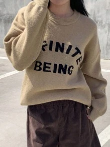 DAZY Colorblock Letter Print Round Neck Long Sleeve Loose Women Sweater - Khaki - View 6