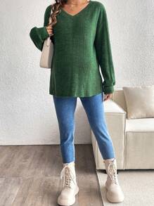 SHEIN Women Pregnant V-Neck Drop Shoulder Long Sleeve Stylish Slouchy Vibe All-Match T-Shirt, For Maternity