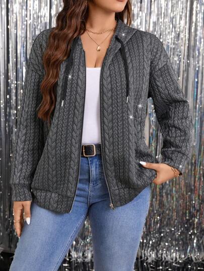 SHEIN LUNE Sudadera con capucha con cierre frontal de tela texturizada en talla grande, apropiada para atuendo de fiesta de otoño