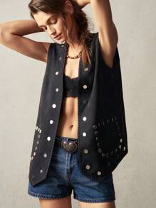 Bohemela 1pc Women Solid Woven Loose Rivet Decor Vest, Suitable For Holiday