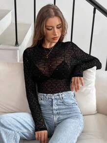 Women's Sexy Rhinestone Embellished Geometric Mesh Sheer Bodysuit Party Black Summer - Black - View 7