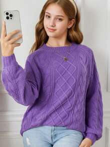 SHEIN Teenager Mädchen Vintage gehäkelter langer Pullover, lockerer Rundhals Lässig Premium Pullover für Winter & Herbst