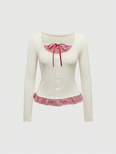 Kawaii 1 Stück Damen Himekaji Vintage Stil süßes 2 in 1 Langarm T-Shirt