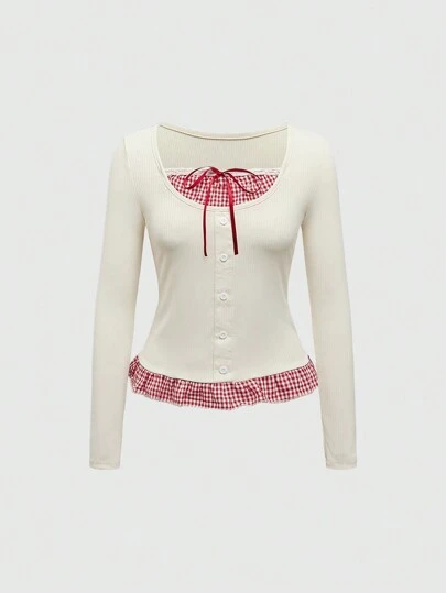 ROMWE Kawaii 1pc Women Himekaji Vintage Style Sweet 2 In 1 Long Sleeve T-Shirt