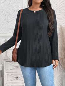 SHEIN LUNE 大码休闲纯色长袖 T 恤冬季服装 - 深灰色 - 查看 3