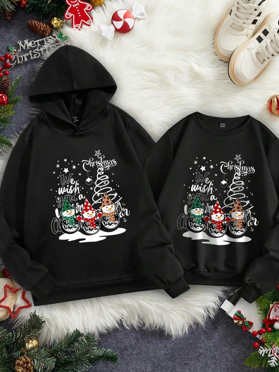 Manfinity Homme Fashion Casual Christmas Funny Element Couples Slim Fit Regular Shoulder Hoodie Sweatshirt, Thermal Lined - Black - View 1