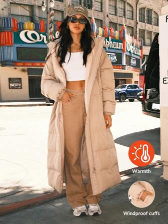 Easelle Khaki Women's Long Hooded Coat