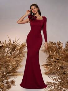 SHEIN Belle Women's Elegant Romantic Red Square Neck Shoulder Ruffle Asymmetric Long Sleeve Bodycon Mermaid Hem Wedding Bridesmaid Dresses - Burgundy - View 4