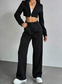 SHEIN Unity 2pcs Set Casual Commuter Style Striped Long Sleeve Cropped Top And Suit Pants - Black - View 1