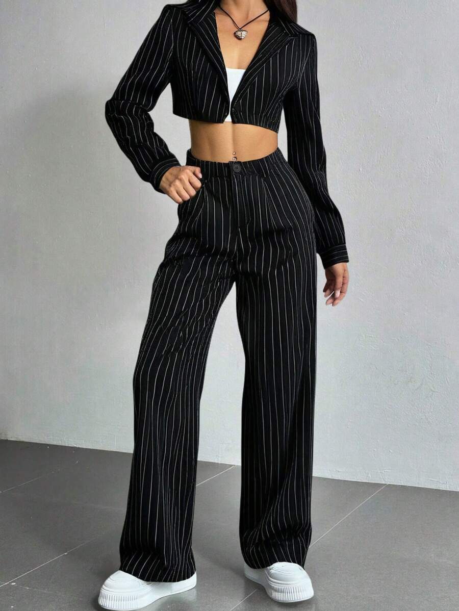 SHEIN Unity 2pcs Set Casual Commuter Style Striped Long Sleeve Cropped Top And Suit Pants - Black - View 1