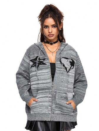 Grunge Punk Distressed Color Jacquard Pattern Loose Zip Up Hoodie