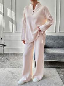 EURMUSE 2pcs/Set Women Casual Solid Stand Collar Drop Shoulder Loose Sweater And Ankle Length Pants, Autumn/Winter - Baby Pink - View 3