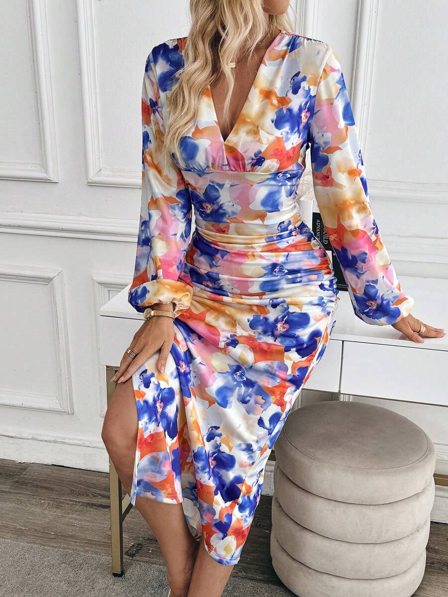 Chiquease Váy in hoa cổ chữ V tay đèn lồng tôn dáng, xếp ly eo gợi cảm - Nhiều màu - Xem 1