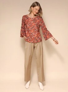 Almamuse Women's Elegant Floral Print Round Neck Long Sleeve Blouse