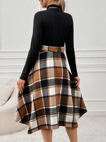 Cheriluna Maternity Maternity Rib Pattern Plaid Print Tie Waist Long Sleeve Dress, Waist Dress, Autumn/Winter - Multicolor - View 2