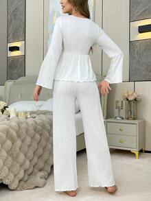 Bộ đồ ngủ cổ vuông tay dài viền bèo nhún cho nữ và quần, màu trơn - trắng - Xem 2