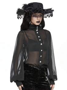 ROMWE Áo cánh voan mỏng bán trong suốt tay đèn lồng phong cách cung điện Gothic dành cho nữ, có lớp lót bên trong & áo bikini bằng vải satin - màu đen - Xem 4