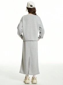 Bộ 2 chiếc áo nỉ in họa tiết cổ chữ V thời trang dạo phố cho bé gái tuổi teen và váy hoodie dây rút thoải mái, thích hợp mặc thường ngày - Xám - Xem 2