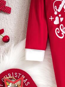 2pcs/Set Baby Boy Christmas Letter Print Color Block Long Sleeve Jumpsuit And Hat Outfits