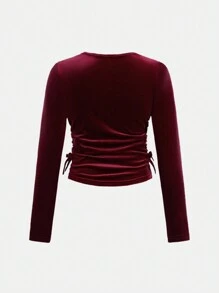 SHEIN Tween 女童休闲天鹅绒圣诞红色圆领褶皱长袖针织上衣和喇叭裤套装，适合室内和室外 - 紅色 - 查看 6