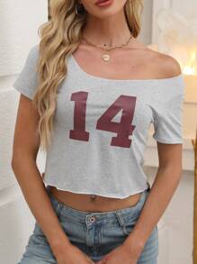 SHEIN EZwear Women's Summer Asymmetrical Neck Casual T-Shirt With Digit Print - Light Grey - View 5