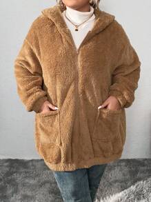 SHEIN CURVE+ Autumn And Winter Warm Plush Hoodie Cute Bear Ears Large Plush Jacket Coat Christmas Fall