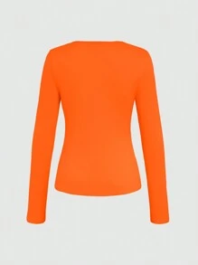 INAWLY 1 件 V 领长袖修身 T 恤，休闲纯色，秋季 - 橘色 - 查看 2