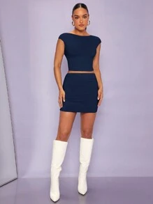 SHEIN BAE Solid Crop Top & Bodycon Skirt - Navy Blue - View 6