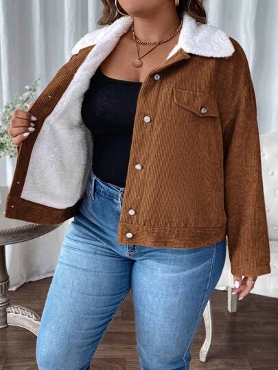 SHEIN LUNE Chaqueta con botones delanteros de manga larga, con forro térmico, de unicolor, para talla grande, de invierno