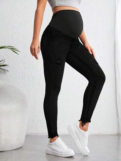 SHEIN 孕妇纯色紧身休闲牛仔裤