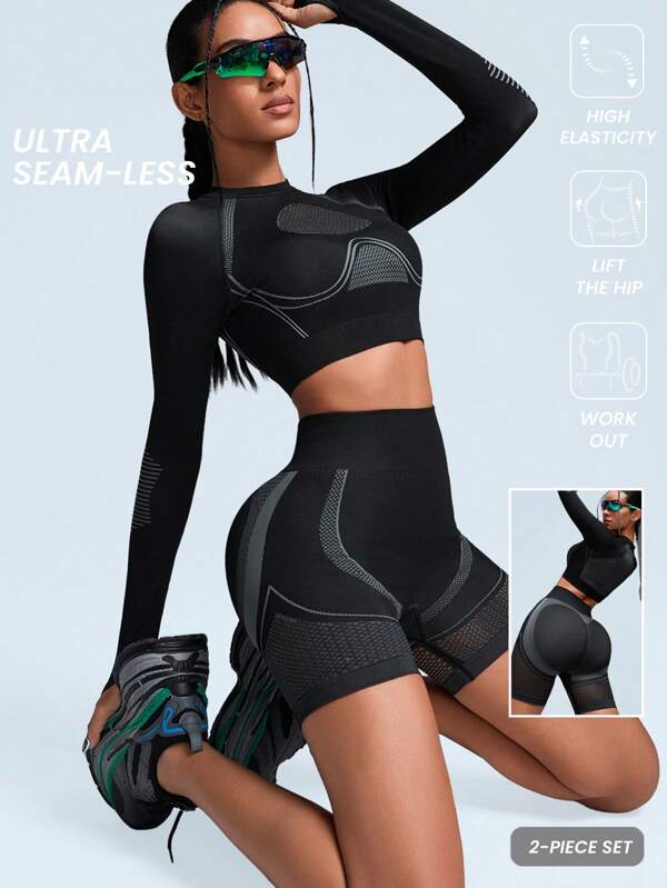 Innovista Hochelastischer nahtloser Netzstruktur 3D formender Sportanzug 2-teilig, Damen Sportset, für Alltag, Lässig und Training, Laufen, Fahrrad, Yoga, Gym, Bauchkontrolle und Po-Lifting, dehnbar