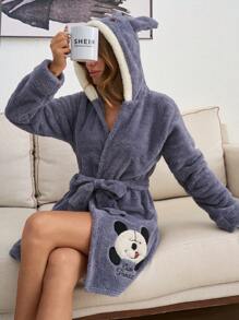 EURMUSE Women Plush Panda Embroidery With Ear Hoodie Robe - Grey - View 3