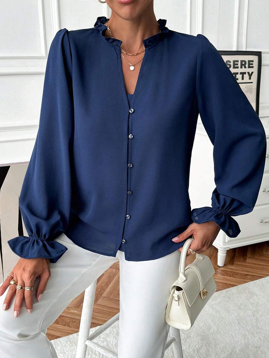 EURMUSE 1 件女士纯色荷叶边 V 领长袖优雅衬衫，适合秋季 - 藏蓝色 - 查看 1