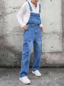 Manfinity Hypemode 男士纯色口袋休闲无袖牛仔工装裤 - 藍色 - 查看 1