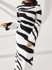 Modelyn 女士立领长袖斑马纹拼色针织毛衣连衣裙秋冬季 - 黑與白 - 查看 7