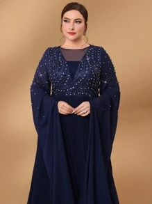 Serin Plus Size Elegant Luxury Rhinestone And Pearl Embroidery Blue Long Sleeve Chiffon Ruffle Flared A-Line Dress For Formal Dinner Event Mother Of The Bride Evening Dress