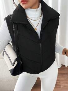 SHEIN Frenchy Vrouwen dons gewatteerde kraag mouwloze jas, winter, vrouwen mouwloze rits casual warme gewatteerde jas, winter vrouwen jas, zwarte jas, winter vrouwen kleding, zwarte jas, retro, elegante vrouwen, festival kleding, zakelijke casual vrouwen,