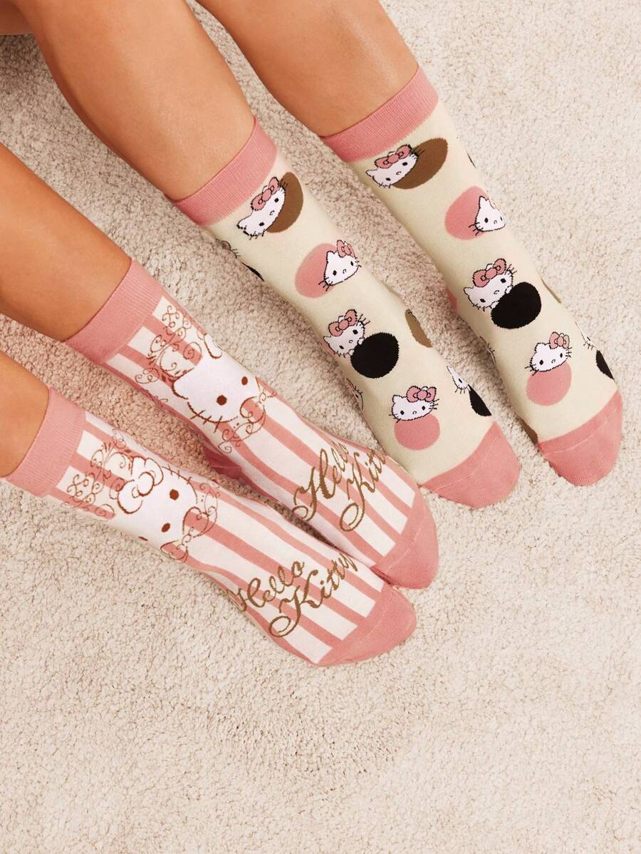 HELLO KITTY AND FRIENDS | SHEIN 2 Pairs Cartoon & Striped Polka Dot Pattern Women Stockings - Multicolor - View 1