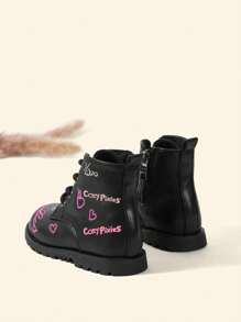 Cozy Pixies Baby Girls Heart & Letter Thêu Side Zip Breathable Lace Up Combat Boots For Outdoor - màu đen - Xem 7