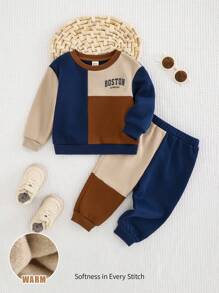 Cozy Pixies 2pcs Baby Boy Contrast Color Knit Soft Crew Neck Long Sleeve Pullover Sweatshirt And Jogger Pants Set, Winter Clothes - Multicolor - View 7